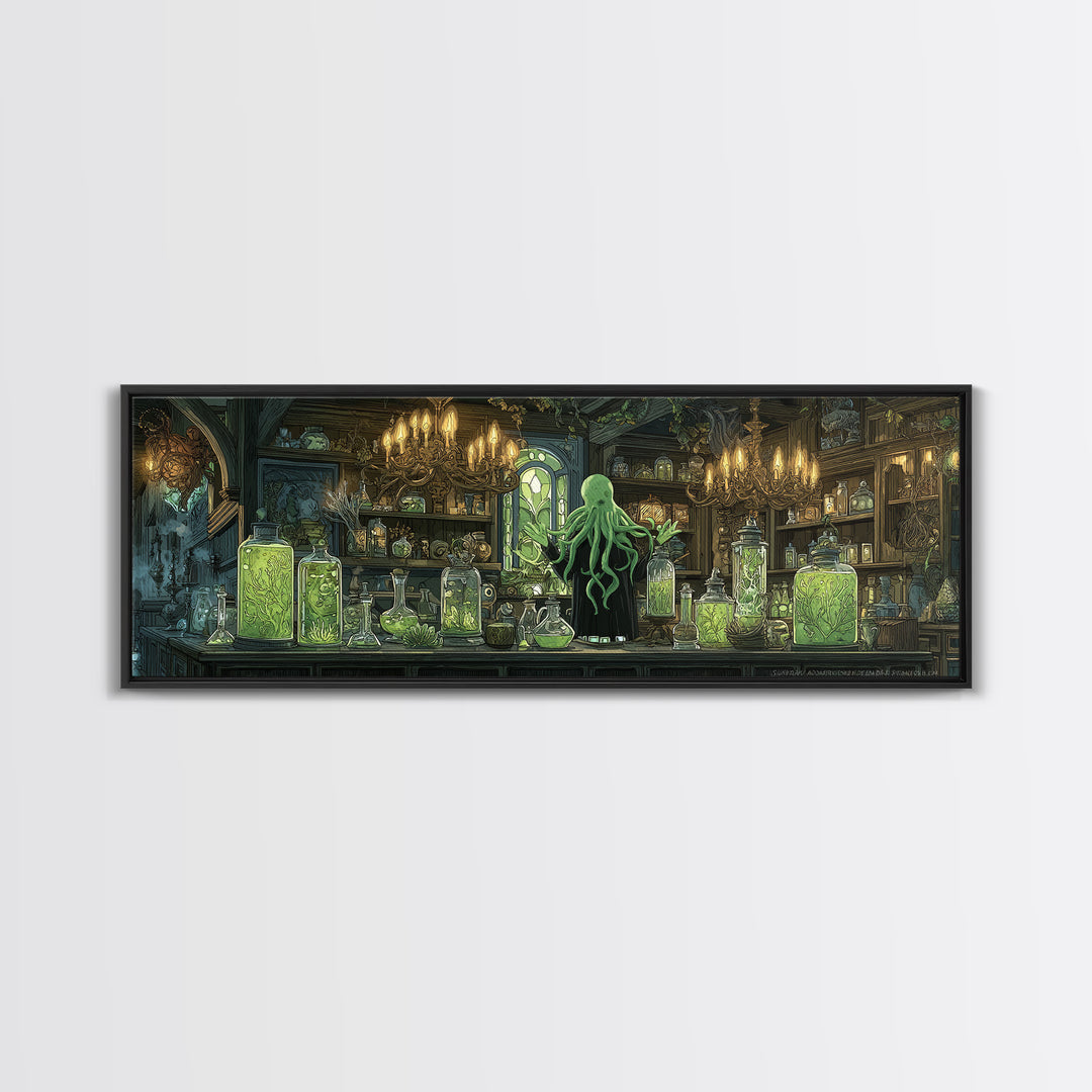 The Apothecary Of Black Seashell Dreams, Gothic Storybook Art, Extra Wide Wall Art, Eldritch Wall Decor, Framed Canvas Print