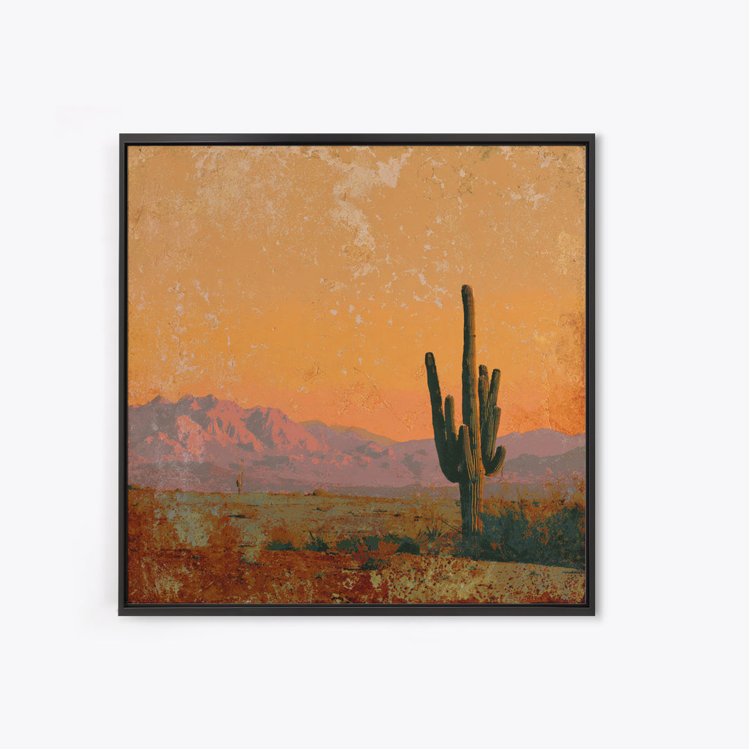 Saguaro Cactus under Orange Sunset Sky Framed Canvas Print, Desert Art, Textured Painting, Southwestern Decor, Fine Art, Desert, DES-1x1-1