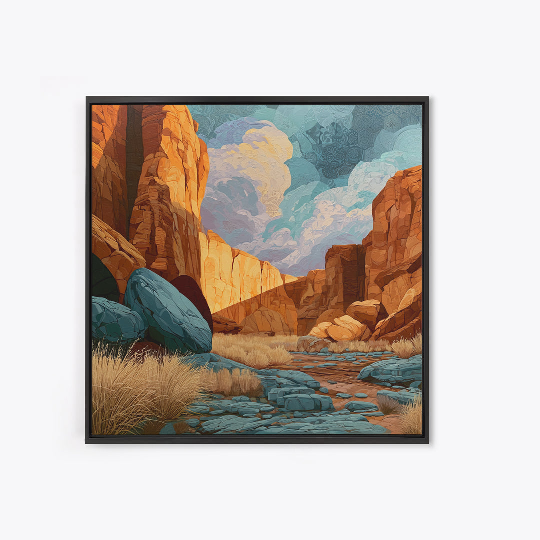 Sandstone Canyon with Dramatic Light Beam Framed Canvas Print, Desert Art, Textured Painting, Southwestern Decor, Desert, DES-1x1-40