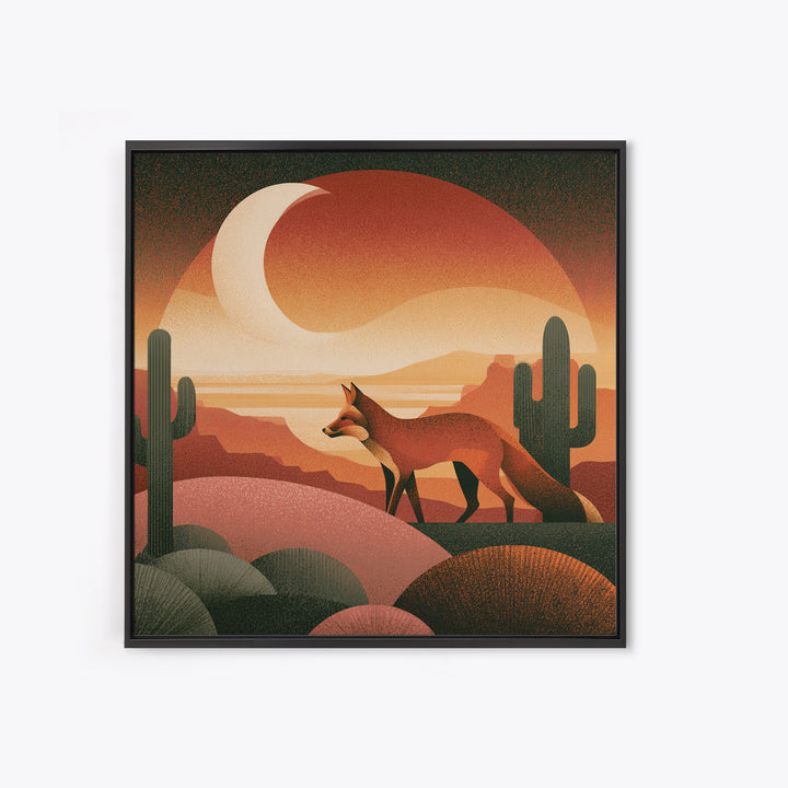 Desert Fox Beneath a Crescent Moon Framed Canvas Print, Desert Art, Wall Art, Southwestern Decor, Oil Painting, Desert, DES-1x1-41