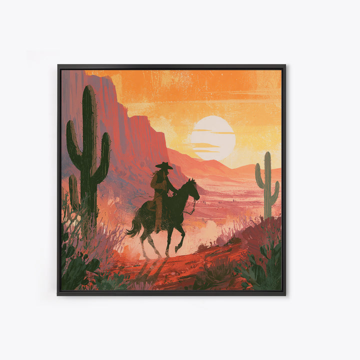 Dusty Horseback Rider at Sunset Framed Canvas Print, Desert Art, Modern Wall Art, Southwestern Decor, Fine Art, Desert, DES-1x1-47