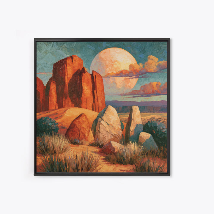 Desert Moon over Rolling Sand Framed Canvas Print, Desert Art, Fine Art Print, Southwestern Decor, Watercolor Art, Desert, DES-1x1-58