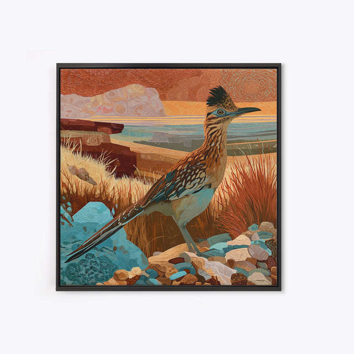 Roadrunner Bird in a Dry Wash Framed Canvas Print, Desert Art, Statement Artwork, Southwestern Decor, Fine Art, Desert, DES-1x1-62