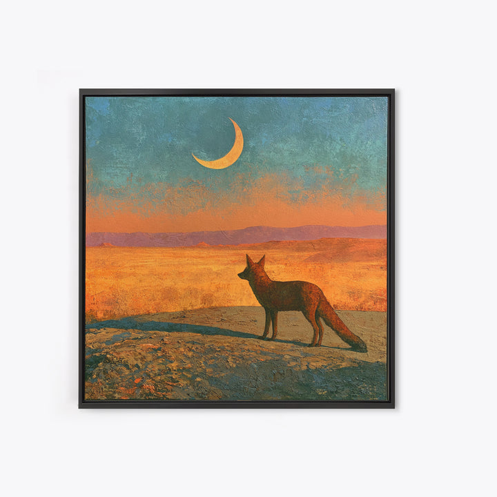 Desert Fox Beneath a Crescent Moon Framed Canvas Print, Desert Art, Wall Art, Southwestern Decor, Oil Painting, Desert, DES-1x1-65