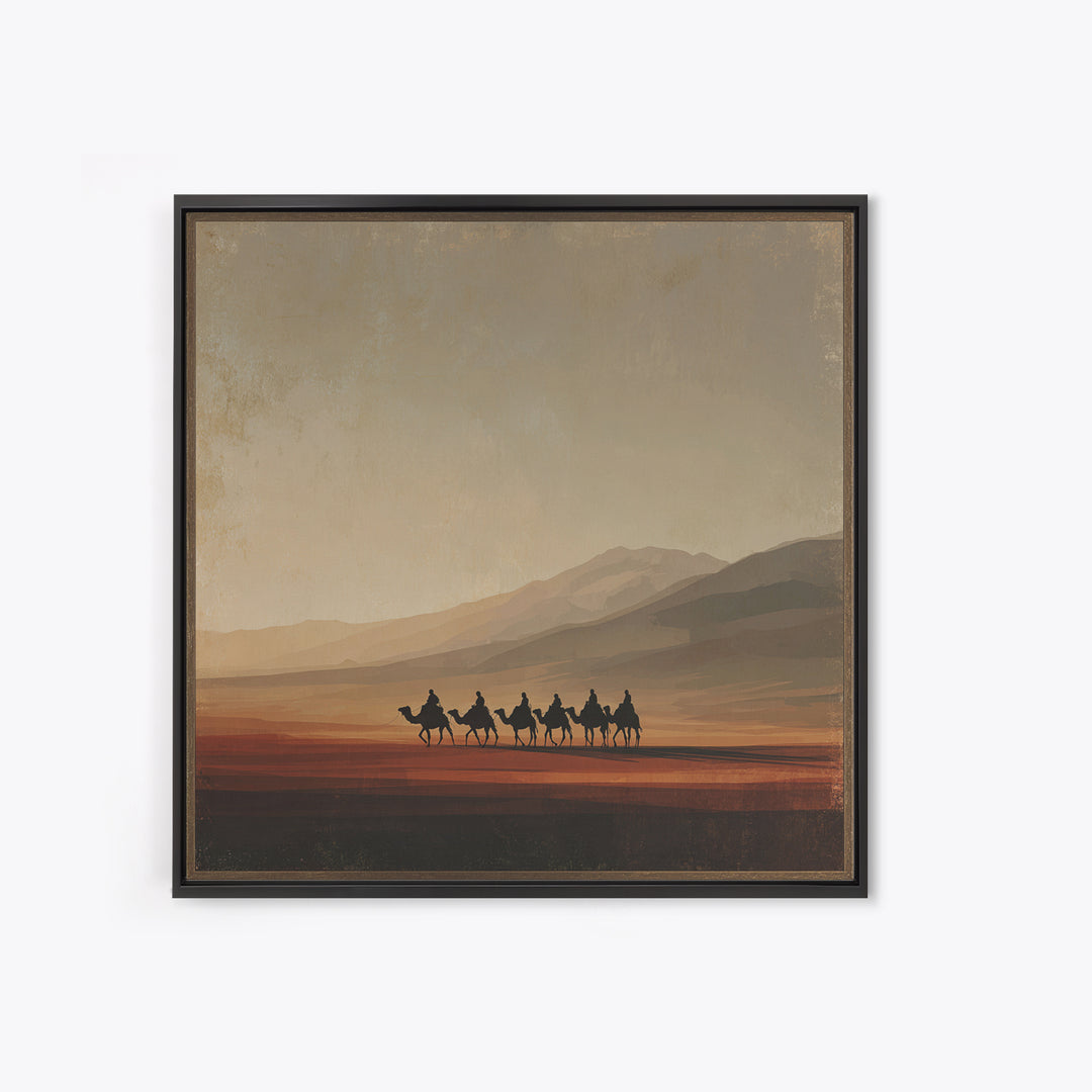 Camel Caravan Crossing Golden Dunes Framed Canvas Print, Desert Art, Living Room Decor, Southwestern Decor, Oil Painting, DES-1x1-7
