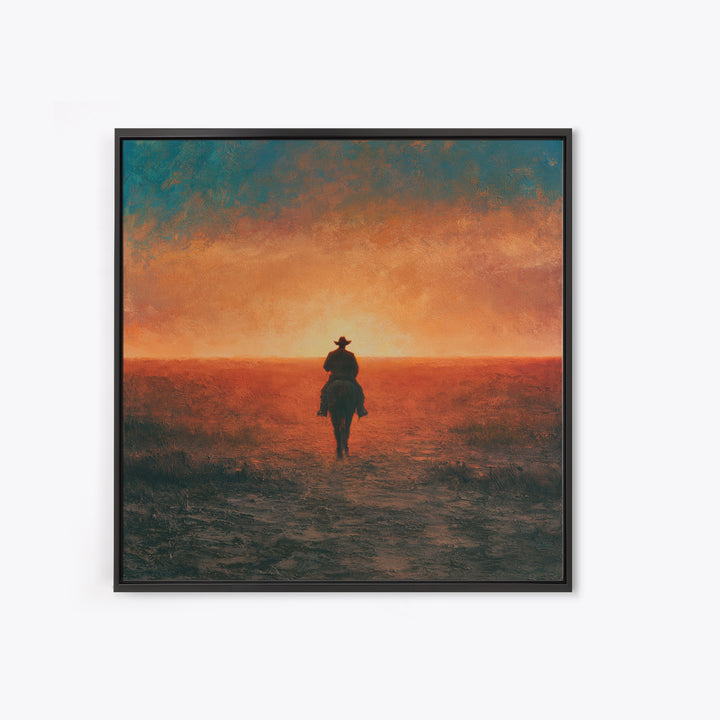 Dusty Horseback Rider at Sunset Framed Canvas Print, Desert Art, Nature Wall Art, Southwestern Decor, Fine Art, Desert, DES-1x1-71