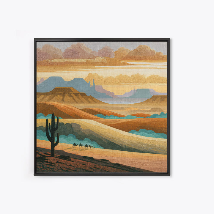 Saharan Dunes with Tiny Caravan Silhouettes Framed Canvas Print, Desert Art, Art Print, Southwestern Decor, Fine Art, Desert, DES-1x1-74