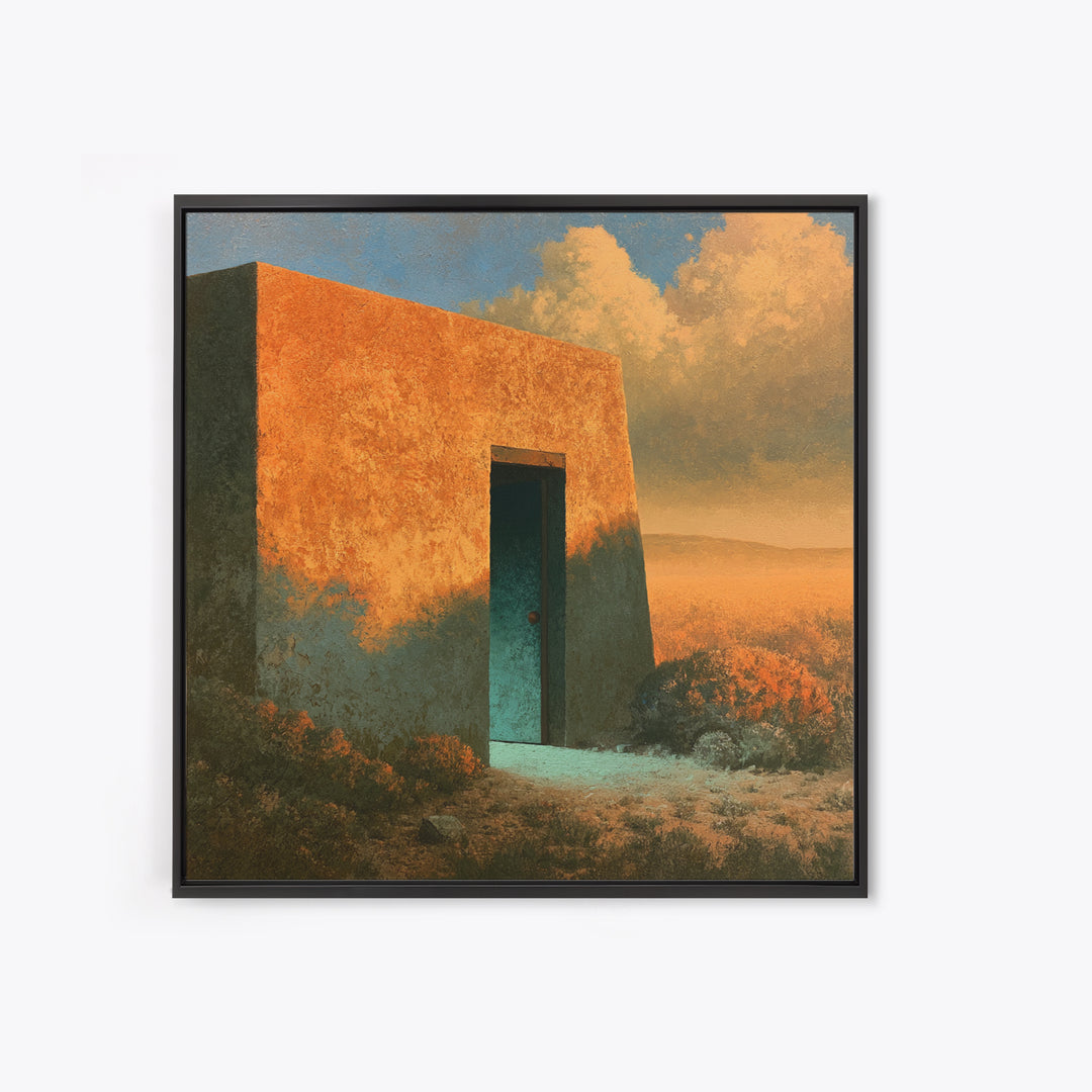 Adobe Doorway with Turquoise Shadow Canvas Print, Desert Art, Oil Painting, Southwestern Decor, Desert, Bedroom Wall Art, DES-1x1-77