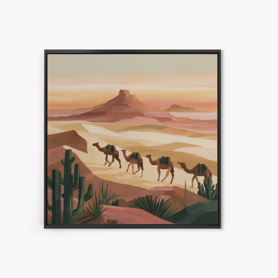 Camel Caravan Crossing Golden Dunes Framed Canvas Print, Desert Art, Art Print, Southwestern Decor, Fine Art, Desert, DES-1x1-79