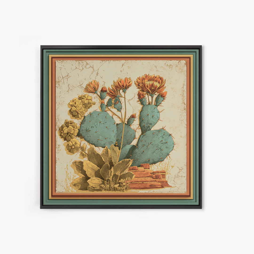 Cactus Botanical Plate Framed Canvas Print, Desert Art, Southwestern Decor, Oil Painting, Desert, Bedroom Wall Art, DES-1x1-8