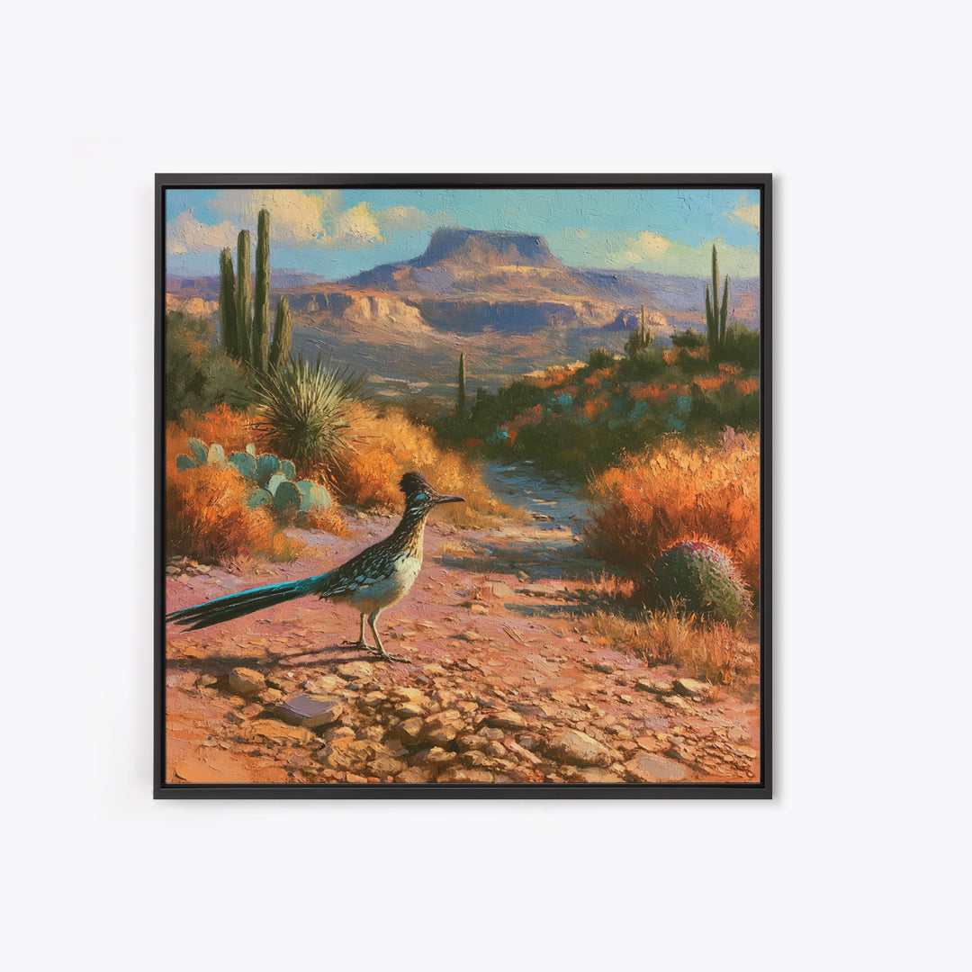 Roadrunner Bird in a Dry Wash Canvas Print, Desert Art, Minimalist Decor, Southwestern Decor, Oil Painting, Desert, Boho, DES-1x1-86