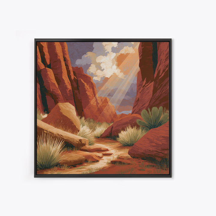 Sandstone Canyon with Dramatic Light Beam Framed Canvas Print, Desert Art, Wall Art, Southwestern Decor, Oil Painting, Desert, DES-1x1-88