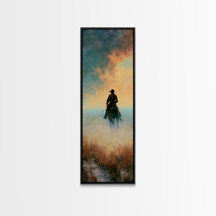 Dusty Horseback Rider at Sunset Canvas Print, Desert Art, Western Decor, Southwestern Decor, Fine Art, Desert, Modern Decor, DES-1x3-11
