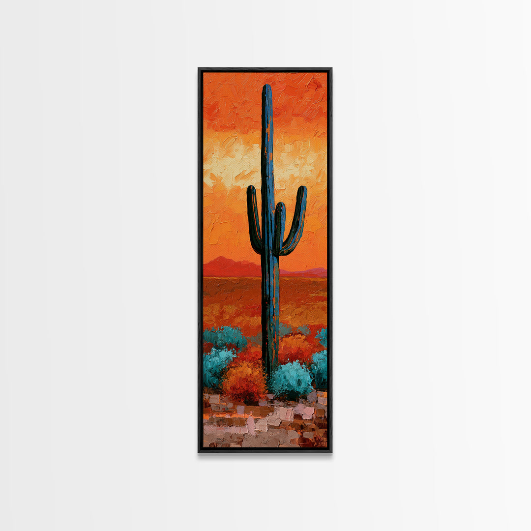 Saguaro Cactus under Orange Sunset Sky Canvas Print, Desert Art, Printable Wall Art, Southwestern Decor, Oil Painting, Desert, DES-1x3-13