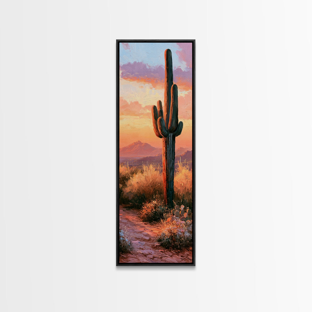 Saguaro Cactus under Orange Sunset Sky Canvas Print, Desert Art, Printable Wall Art, Southwestern Decor, Oil Painting, Desert, DES-1x3-37