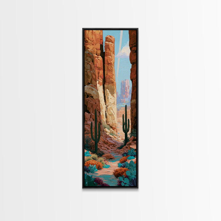 Sandstone Canyon with Dramatic Light Beam Framed Canvas Print, Desert Art, Southwestern Decor, Oil Painting, Desert, DES-1x3-4