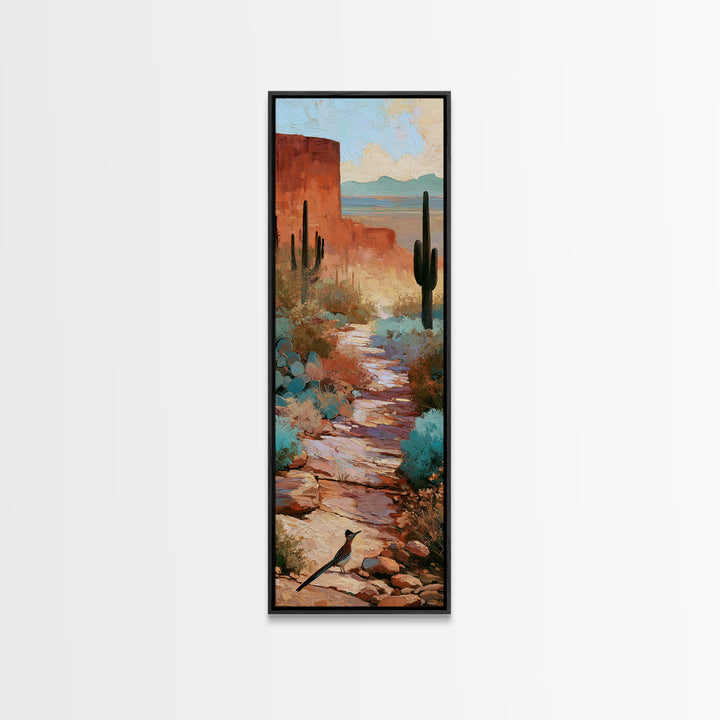 Roadrunner Bird in a Dry Wash Framed Canvas Print, Desert Art, Textured Painting, Southwestern Decor, Fine Art, Desert, DES-1x3-74
