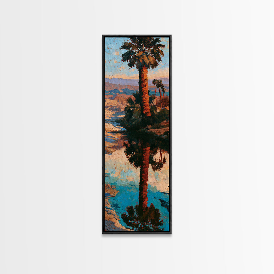 Palm Oasis Reflected Framed Canvas Print, Desert Art, Wall Art, Southwestern Decor, Oil Painting, Desert, Apartment Decor, DES-1x3-75