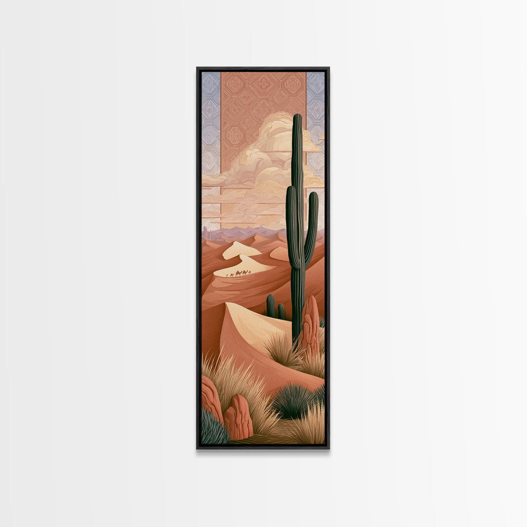 Saharan Dunes with Tiny Caravan Silhouettes Canvas Print, Desert Art, Print, Southwestern Decor, Desert, Watercolor Painting, DES-1x3-86