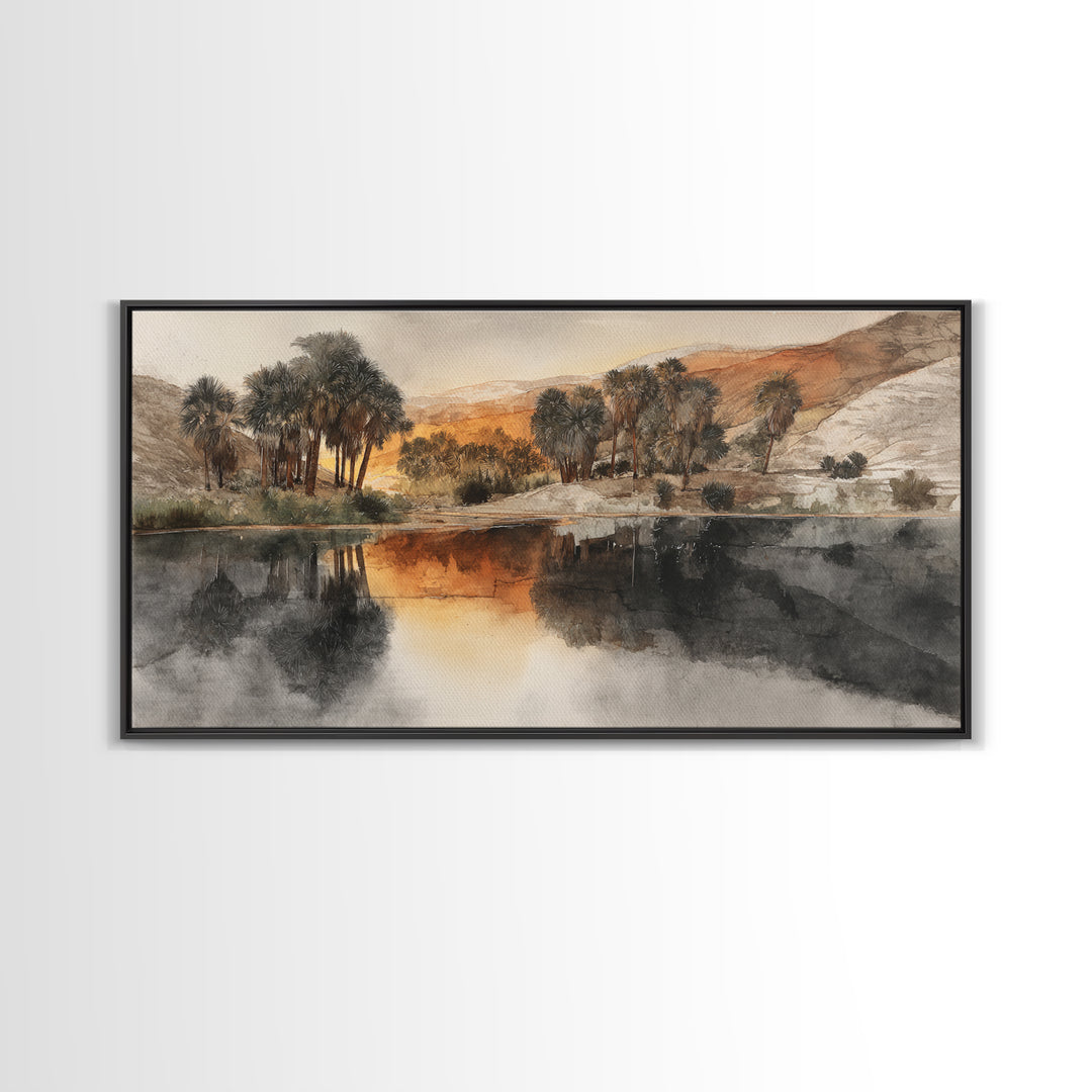 Palm Oasis Reflected Framed Canvas Print, Desert Art, Western Wall Art, Southwestern Decor, Watercolor Art, Desert, DES-2x1-11