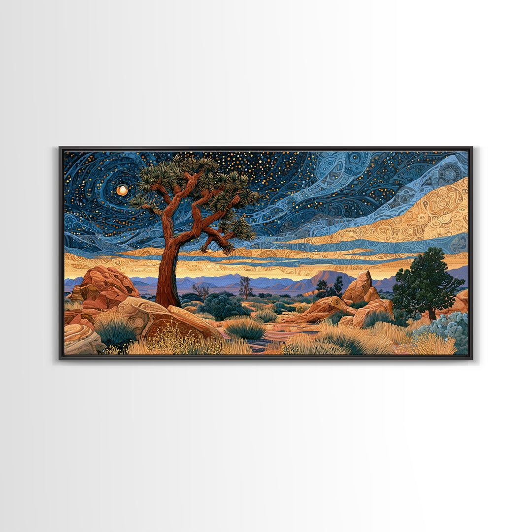 Joshua Tree under Star Filled Night Framed Canvas Print, Desert Art, Southwestern Decor, Oil Painting, Desert, DES-2x1-50