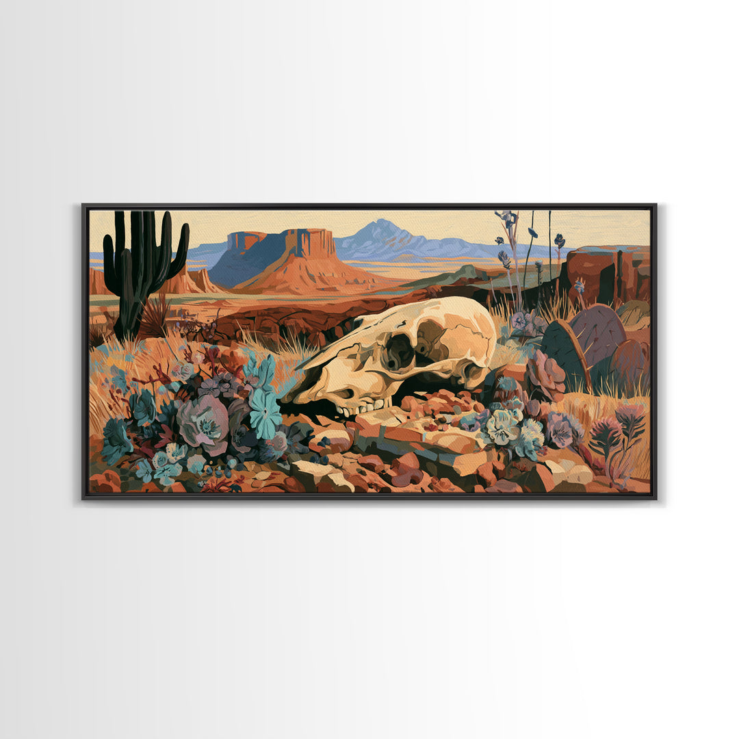 Sun Bleached Skull and Desert Flowers Framed Canvas Print, Desert Art, Wall Art Prints, Southwestern Decor, Fine Art, Desert, DES-2x1-56