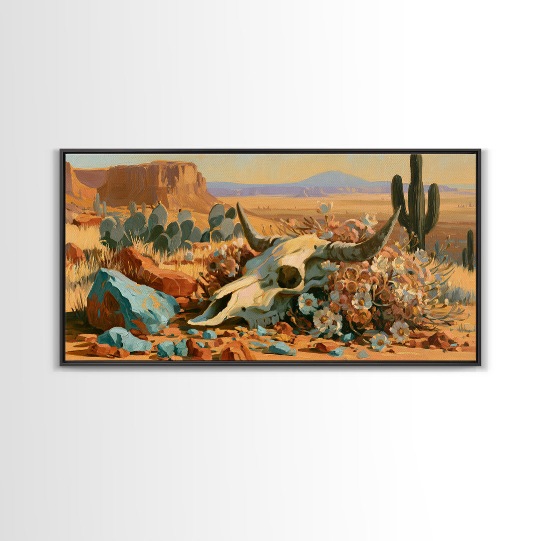 Sun Bleached Skull and Desert Flowers Framed Canvas Print, Desert Art, Art Print, Southwestern Decor, Watercolor Art, Desert, DES-2x1-8