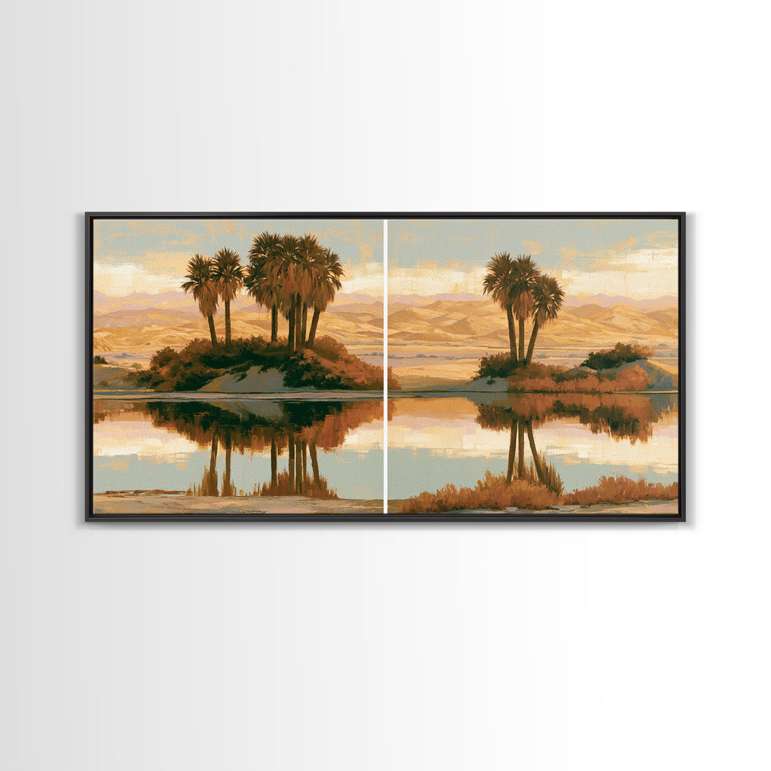 Palm Oasis Reflected Framed Canvas Print, Desert Art, Wall Art Prints, Southwestern Decor, Oil Painting, Desert, Boho Decor, DES-2x1-83