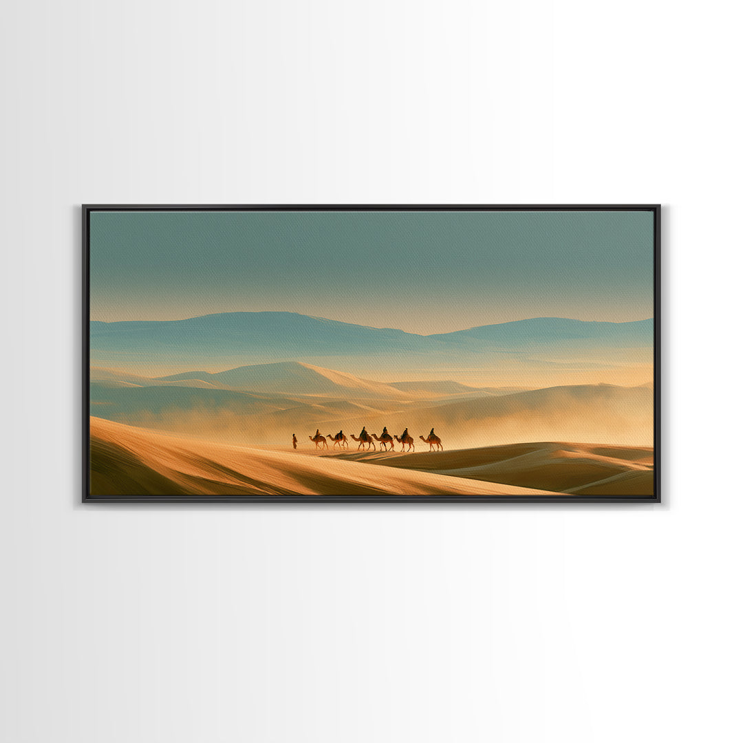 Camel Caravan Crossing Golden Dunes Framed Canvas Print, Desert Art, Western Wall Art, Southwestern Decor, Fine Art, Desert, DES-2x1-99