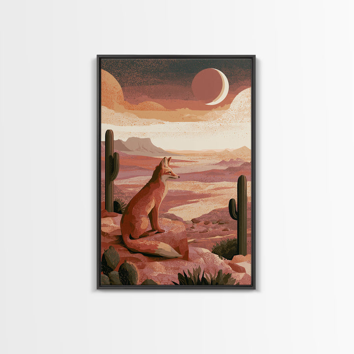 Desert Fox Beneath a Crescent Moon Framed Canvas Print, Desert Art, Abstract Wall Art, Southwestern Decor, Oil Painting, Desert, DES-2x3-1
