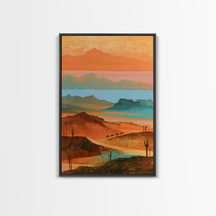 Saharan Dunes with Tiny Caravan Silhouettes Canvas Print, Desert Art, Print, Southwestern Decor, Desert, Watercolor Painting, DES-2x3-10