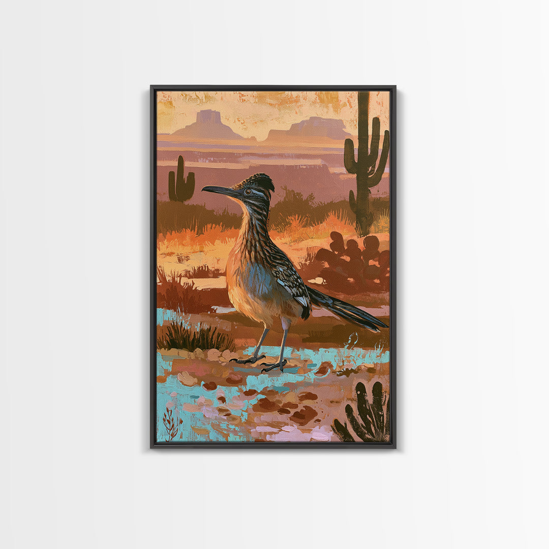Roadrunner Bird in a Dry Wash Framed Canvas Print, Desert Art, Original Painting, Southwestern Decor, Fine Art, Desert, DES-2x3-22