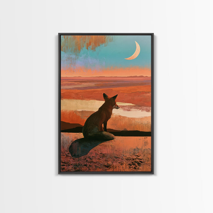 Desert Fox Beneath a Crescent Moon Framed Canvas Print, Desert Art, Abstract Wall Art, Southwestern Decor, Oil Painting, Desert, DES-2x3-25