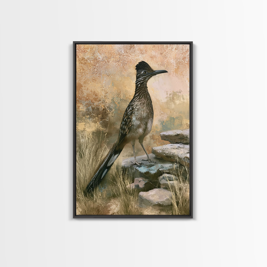 Roadrunner Bird in a Dry Wash Framed Canvas Print, Desert Art, Original Painting, Southwestern Decor, Fine Art, Desert, DES-2x3-46