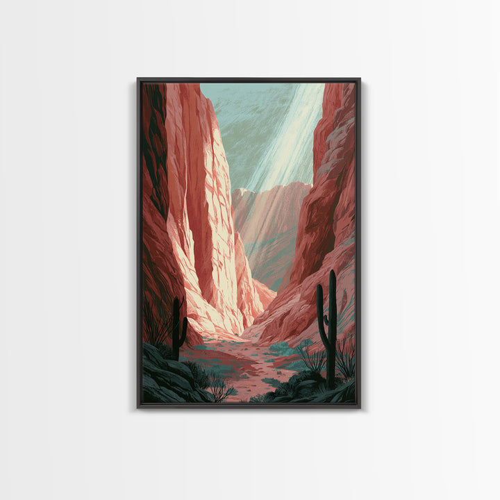 Sandstone Canyon with Dramatic Light Beam Framed Canvas Print, Desert Art, Boho, Southwestern Decor, Watercolor Art, Desert, DES-2x3-48