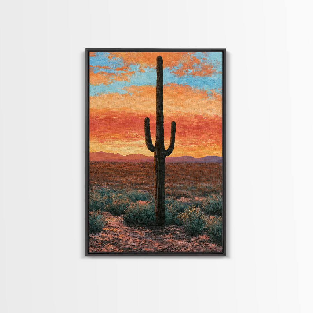 Saguaro Cactus under Orange Sunset Sky Canvas Print, Desert Art, Living Room Art, Southwestern Decor, Fine Art, Desert, DES-2x3-57