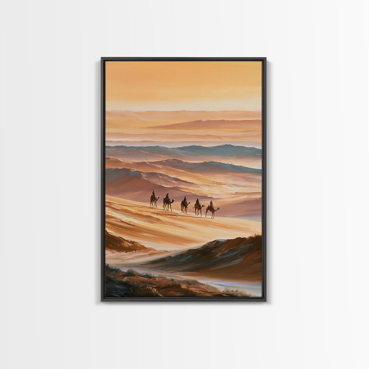 Camel Caravan Crossing Golden Dunes Framed Canvas Print, Desert Art, Botanical Art, Southwestern Decor, Watercolor Art, Desert, DES-2x3-63