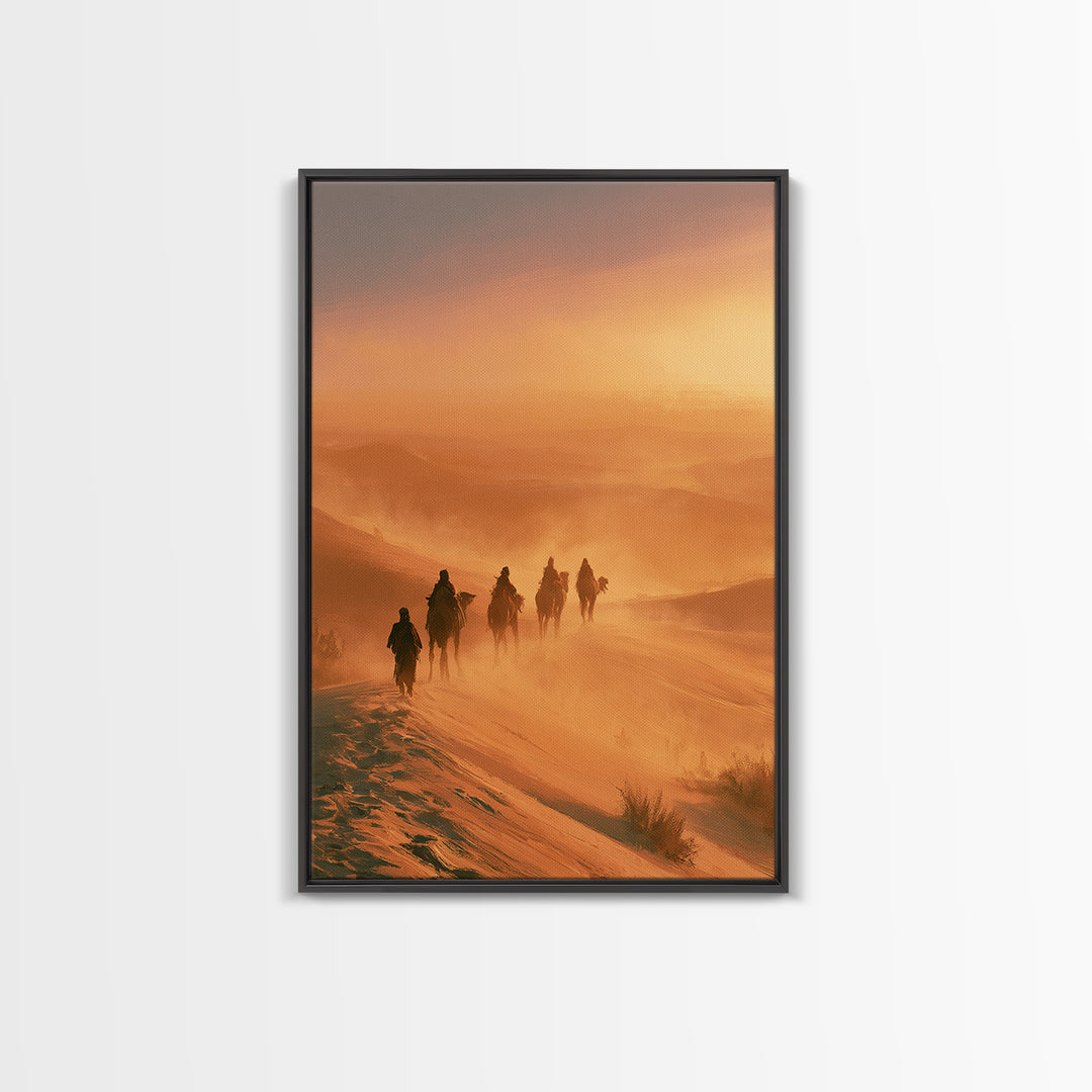 Camel Caravan Crossing Golden Dunes Framed Canvas Print, Desert Art, Southwestern Decor, Oil Painting, Desert, DES-2x3-87