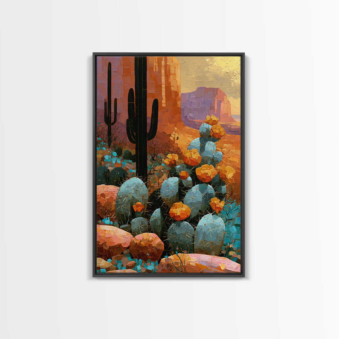 Cactus Botanical Plate Framed Canvas Print, Desert Art, Colorful Wall Art, Southwestern Decor, Fine Art, Desert, DES-2x3-88
