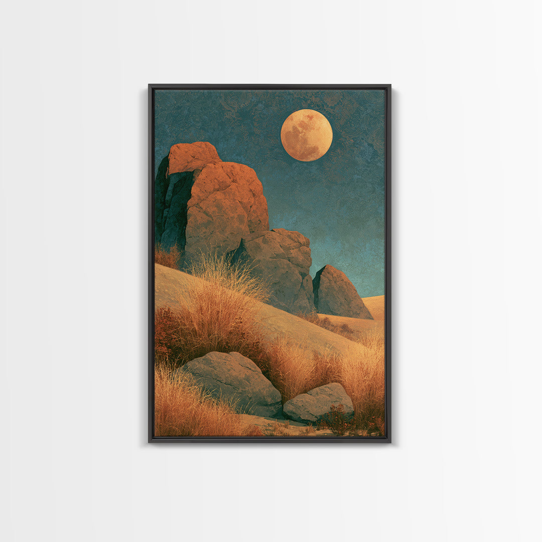Desert Moon over Rolling Sand Framed Canvas Print, Desert Art, Modern Wall Art, Southwestern Decor, Oil Painting, Desert, DES-2x3-90
