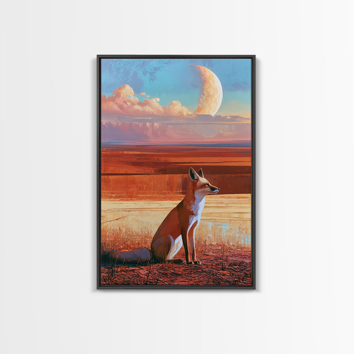 Desert Fox Beneath a Crescent Moon Framed Canvas Print, Desert Art, Botanical Art, Southwestern Decor, Fine Art, Desert, DES-2x3-97