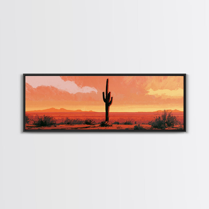 Saguaro Cactus under Orange Sunset Sky Framed Canvas Print, Desert Art, Gallery Decor, Southwestern Decor, Fine Art, Desert, DES-3x1-17