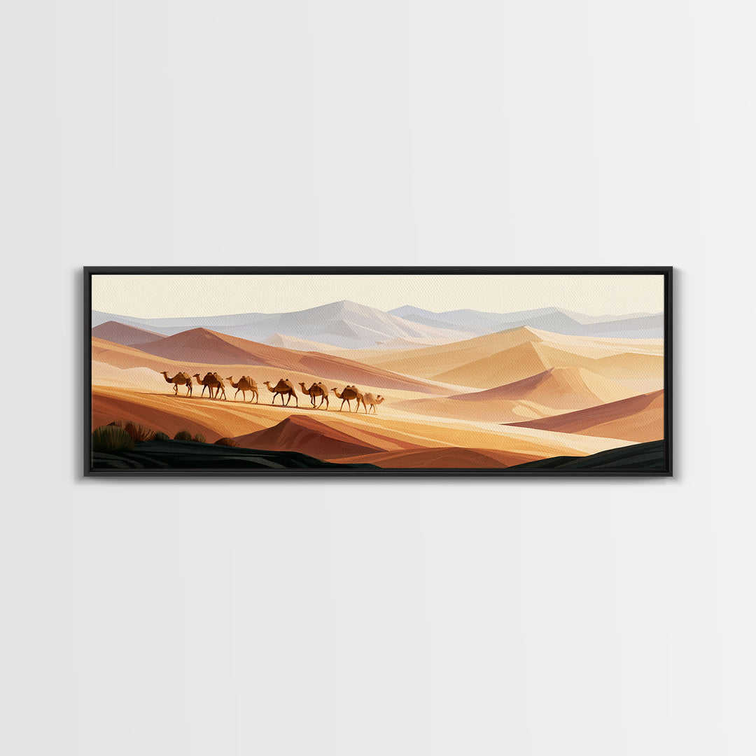 Camel Caravan Crossing Golden Dunes Framed Canvas Print, Desert Art, Contemporary Art, Southwestern Decor, Fine Art, Desert, DES-3x1-23
