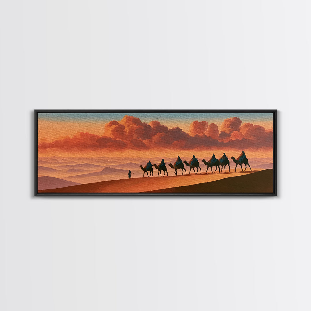 Camel Caravan Crossing Golden Dunes Framed Canvas Print, Desert Art, Boho, Southwestern Decor, Desert, Mountain Wall Art, DES-3x1-47