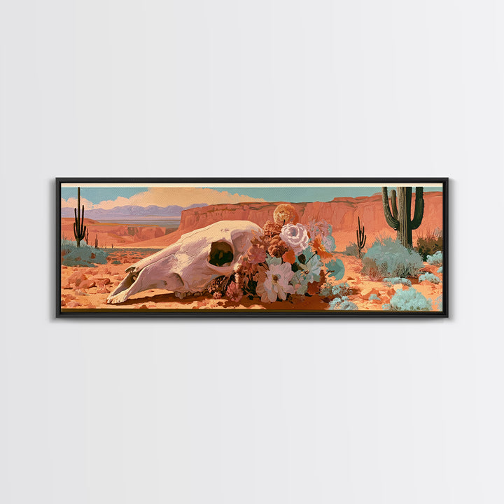 Sun Bleached Skull and Desert Flowers Framed Canvas Print, Desert Art, Contemporary Art, Southwestern Decor, Fine Art, Desert, DES-3x1-52