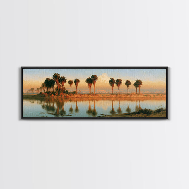 Palm Oasis Reflected Framed Canvas Print, Desert Art, Wall Art Prints, Southwestern Decor, Oil Painting, Desert, Boho Decor, DES-3x1-55