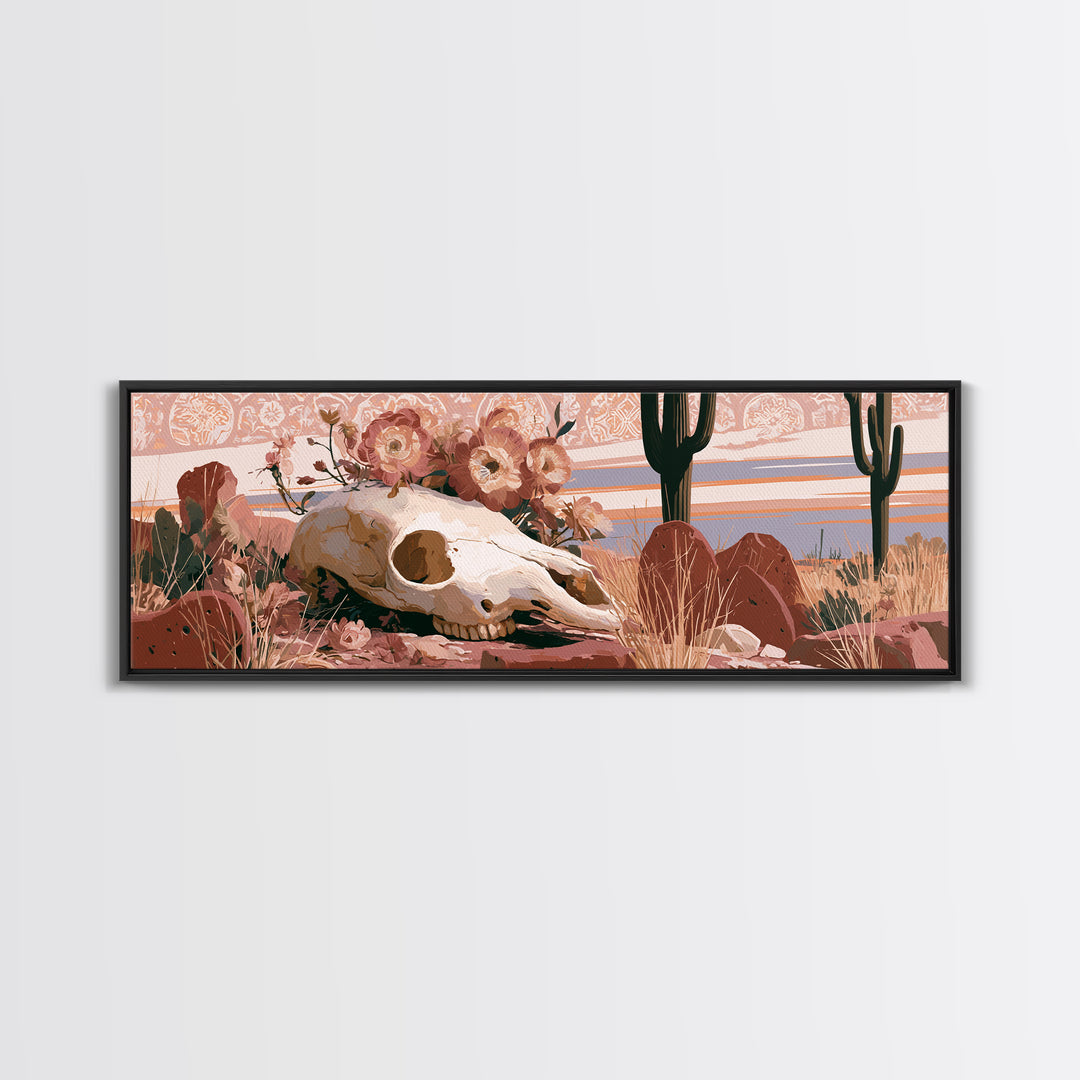 Sun Bleached Skull and Desert Flowers Canvas Print, Desert Art, Print, Southwestern Decor, Oil Painting, Desert, DES-3x1-76