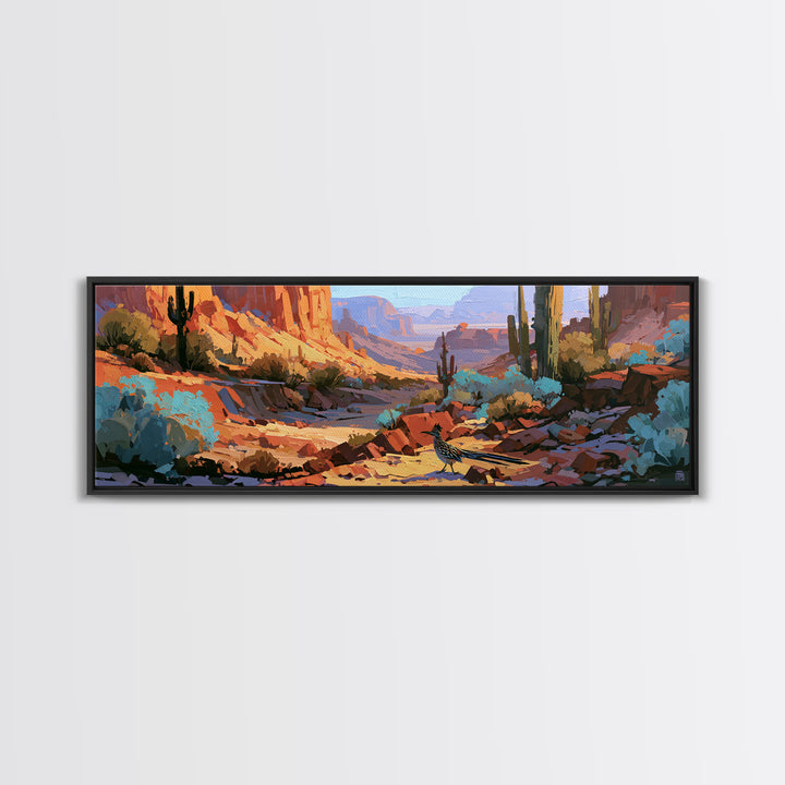 Roadrunner Bird in a Dry Wash Canvas Print, Desert Art, Printable Art, Southwestern Decor, Oil Painting, Desert, DES-3x1-78