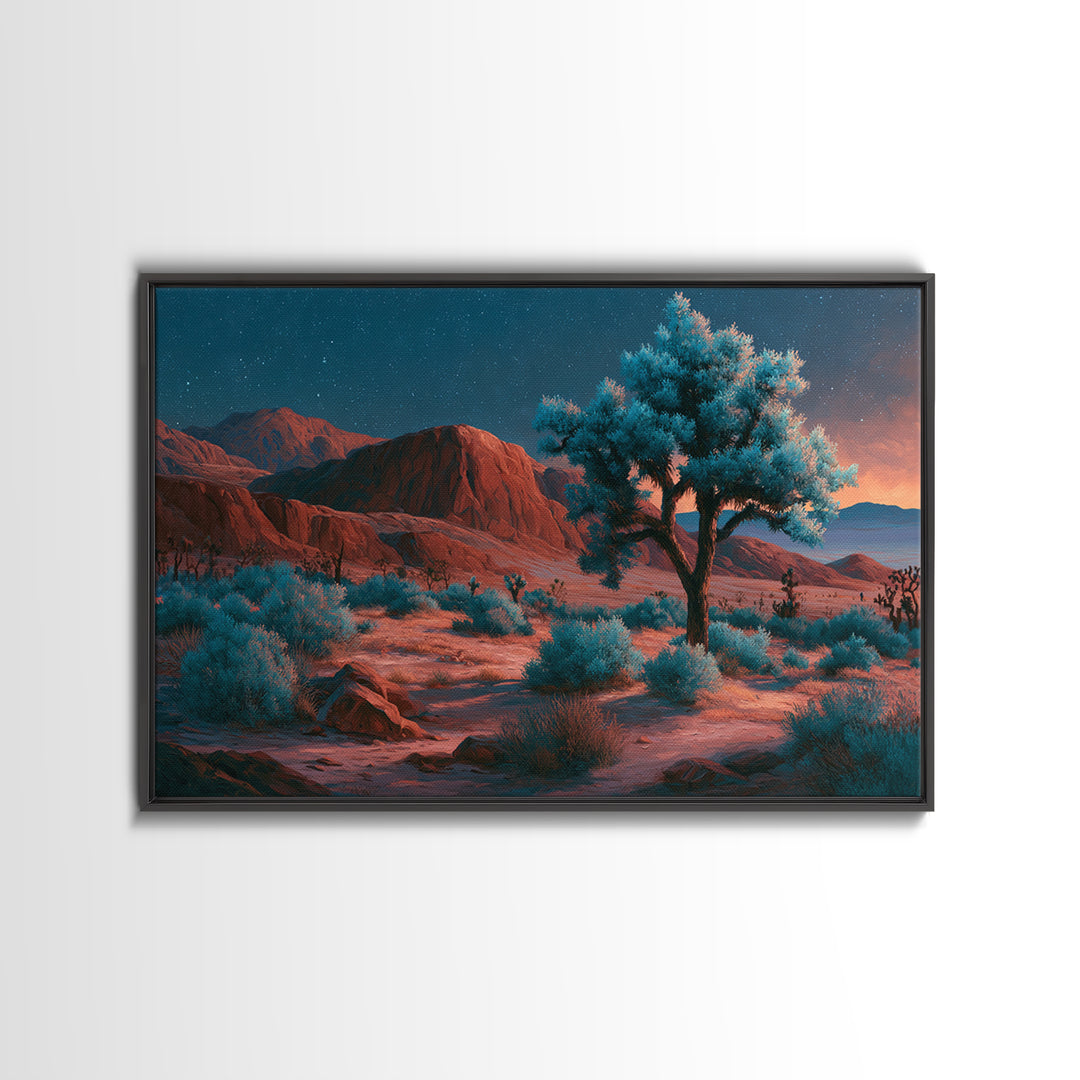 Joshua Tree under Star Filled Night Framed Canvas Print, Desert Art, Mountain Wall Art, Southwestern Decor, Oil Painting, DES-3x2-10