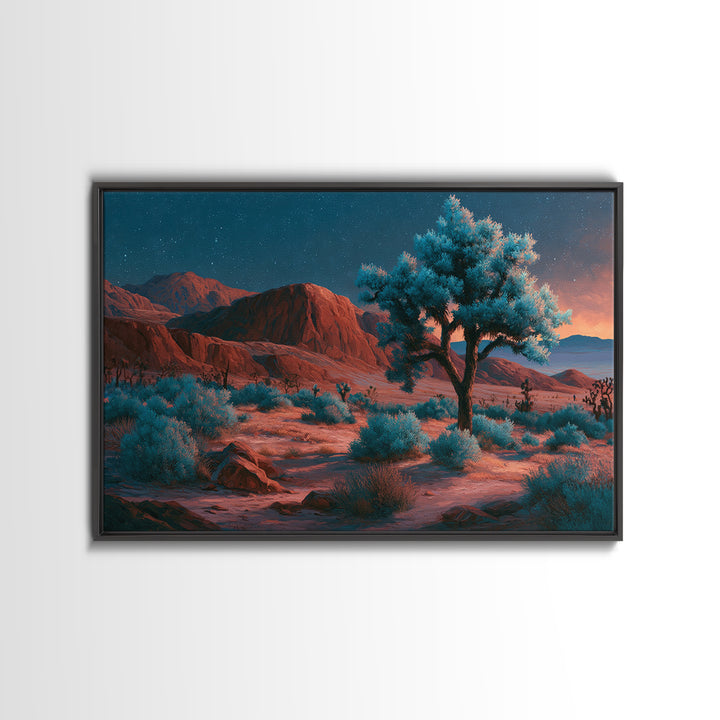 Joshua Tree under Star Filled Night Framed Canvas Print, Desert Art, Mountain Wall Art, Southwestern Decor, Oil Painting, DES-3x2-10